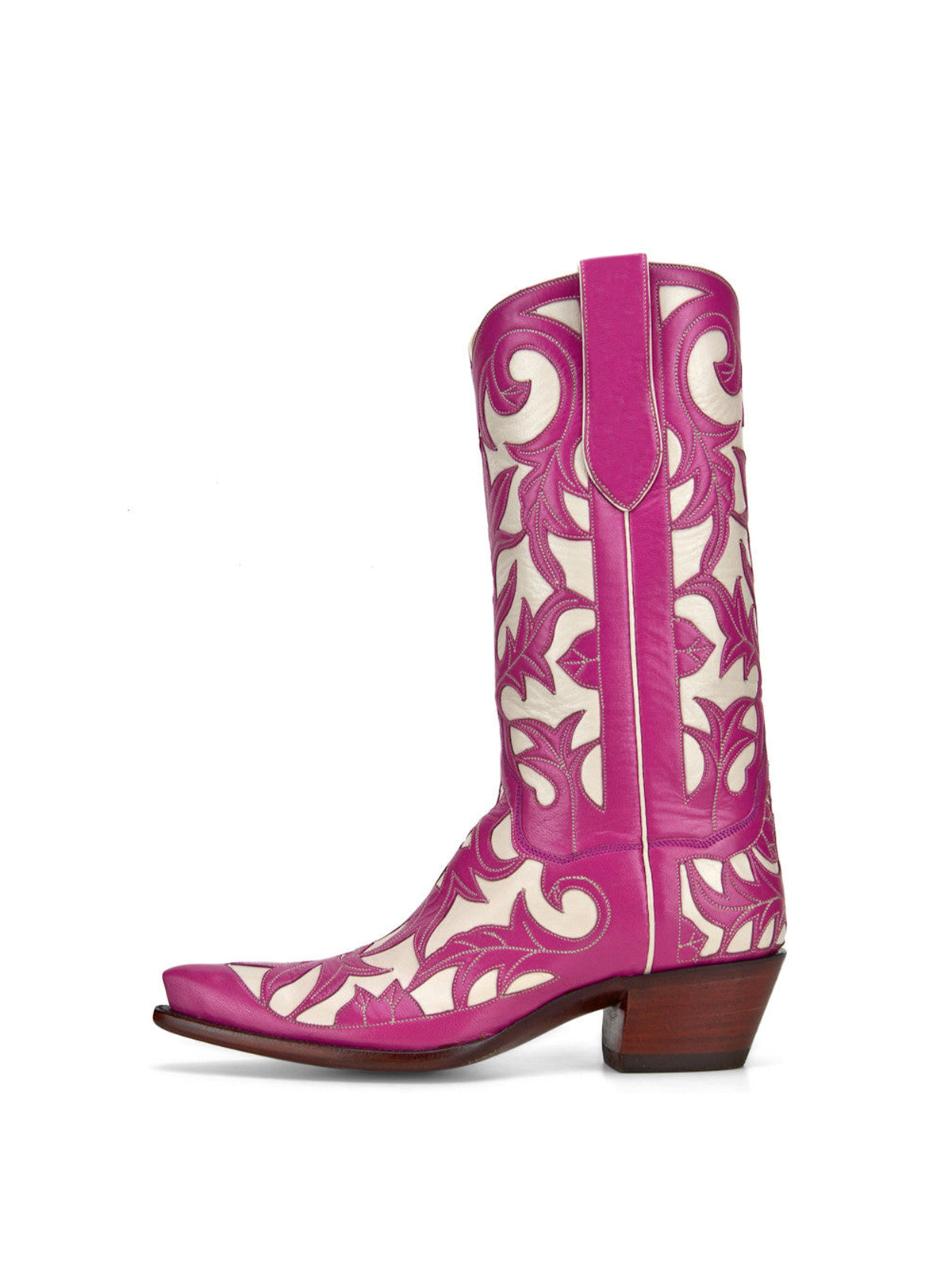 Contrast Pink And White Snip-Toe Decorative Inlay Mid Calf Cowgirl Boots