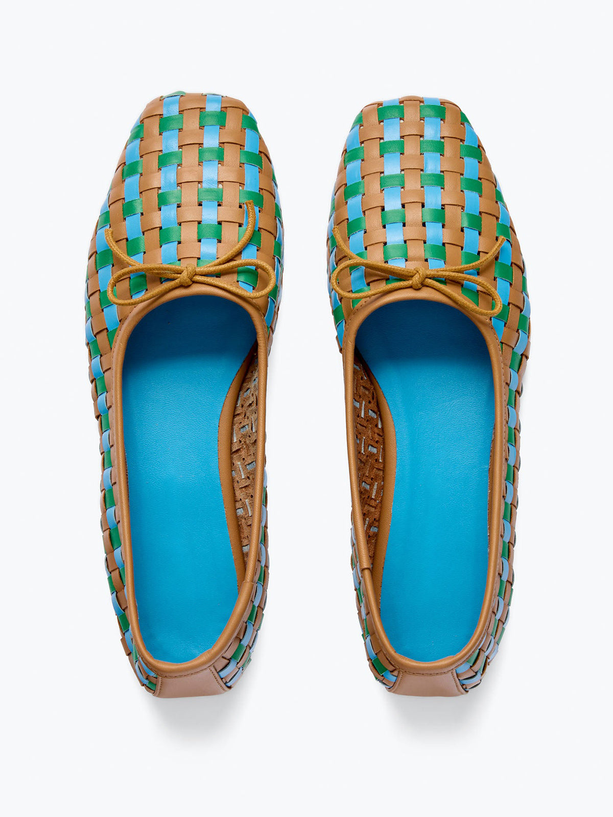 Woven Vegan Leather Square-Toe Front Bow Slip-On Ballet Flats - Cognac And Blue
