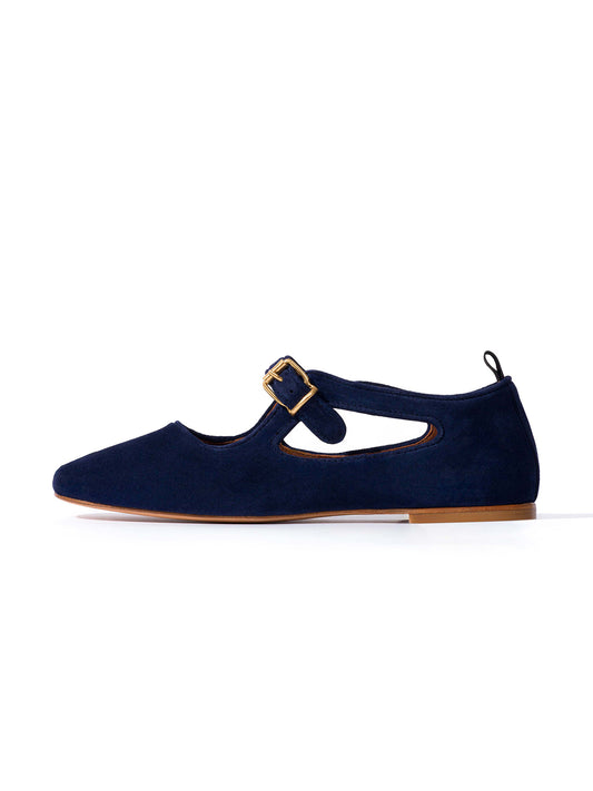 Square-Toe Buckle Strap Chic Flats - Navy Faux Suede