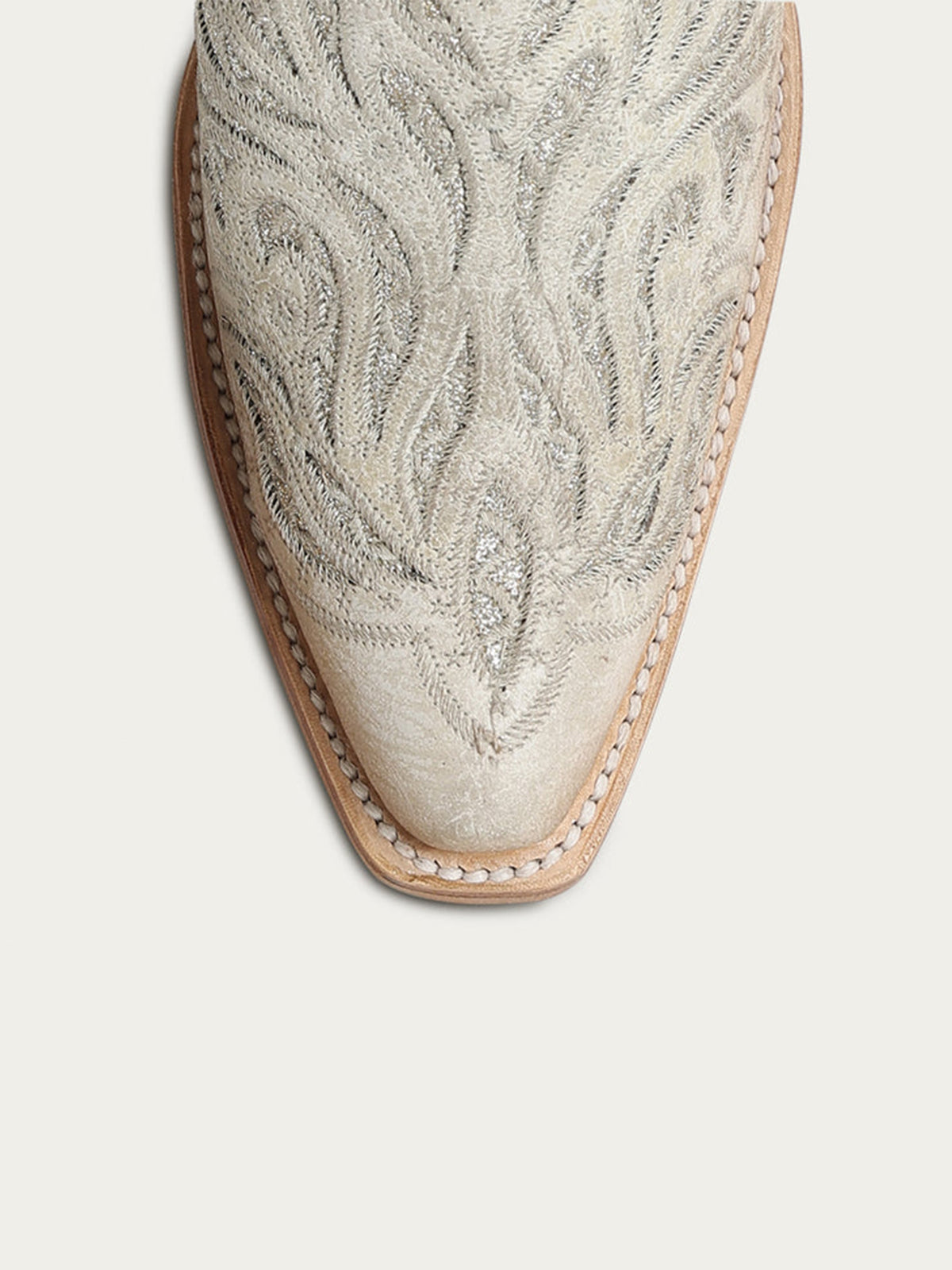 Distressed Ivory Snip-Toe Glitter Inlay And Embroidery Mid Calf Cowgirl Boots