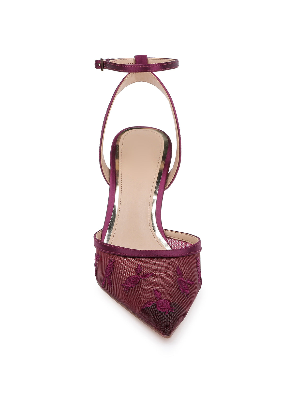 Burgundy Mesh And Satin Pointed-Toe Back And Ankle Strap Chic High Heels