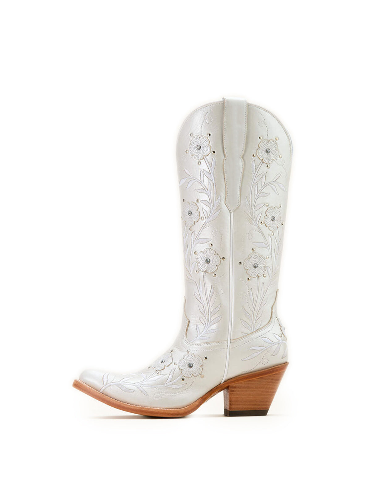 Ivory Almond-Toe Flower Applique With Studs Mid Calf Embroidery Cowgirl Boots
