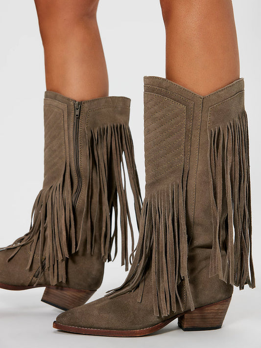 Taupe Faux Suede Pointed-Toe Fringe Full-Zip Mid Calf Cowgirl Boots