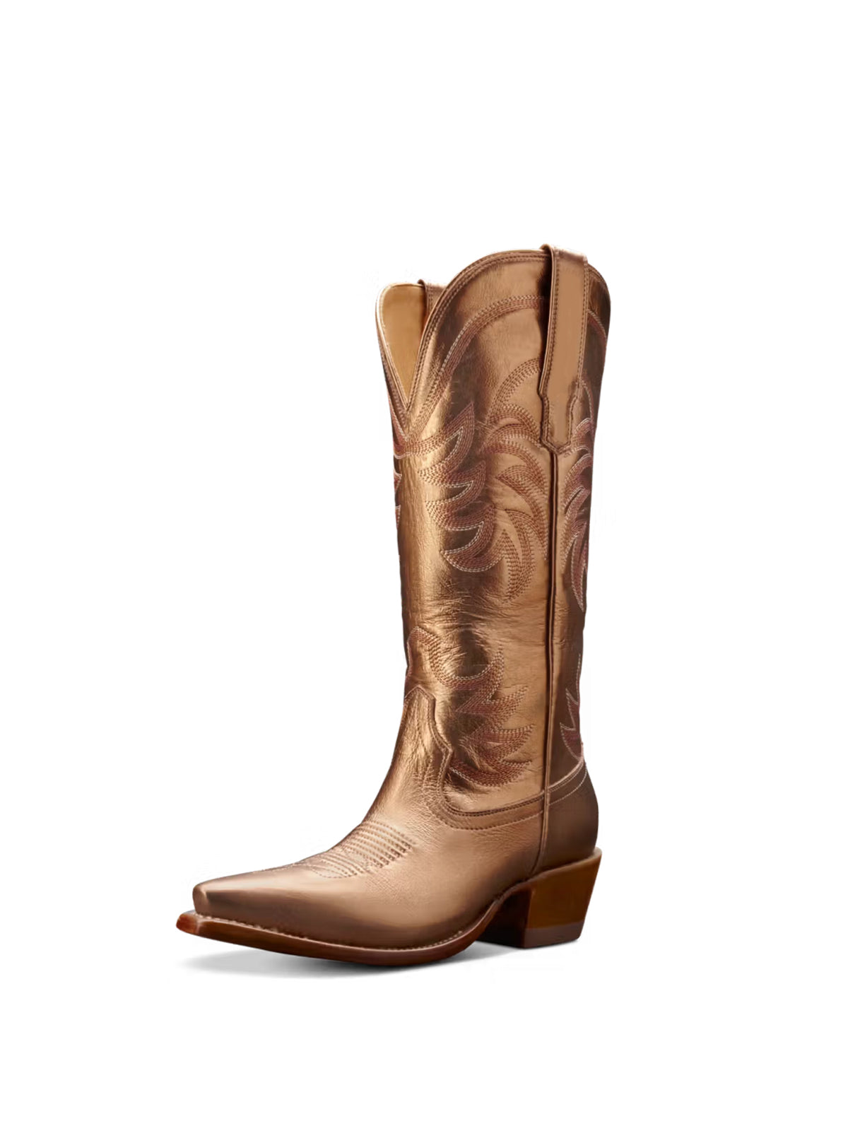 Metallic Copper Snip-Toe Embroidery Wide Calf Knee High Cowgirl Boots