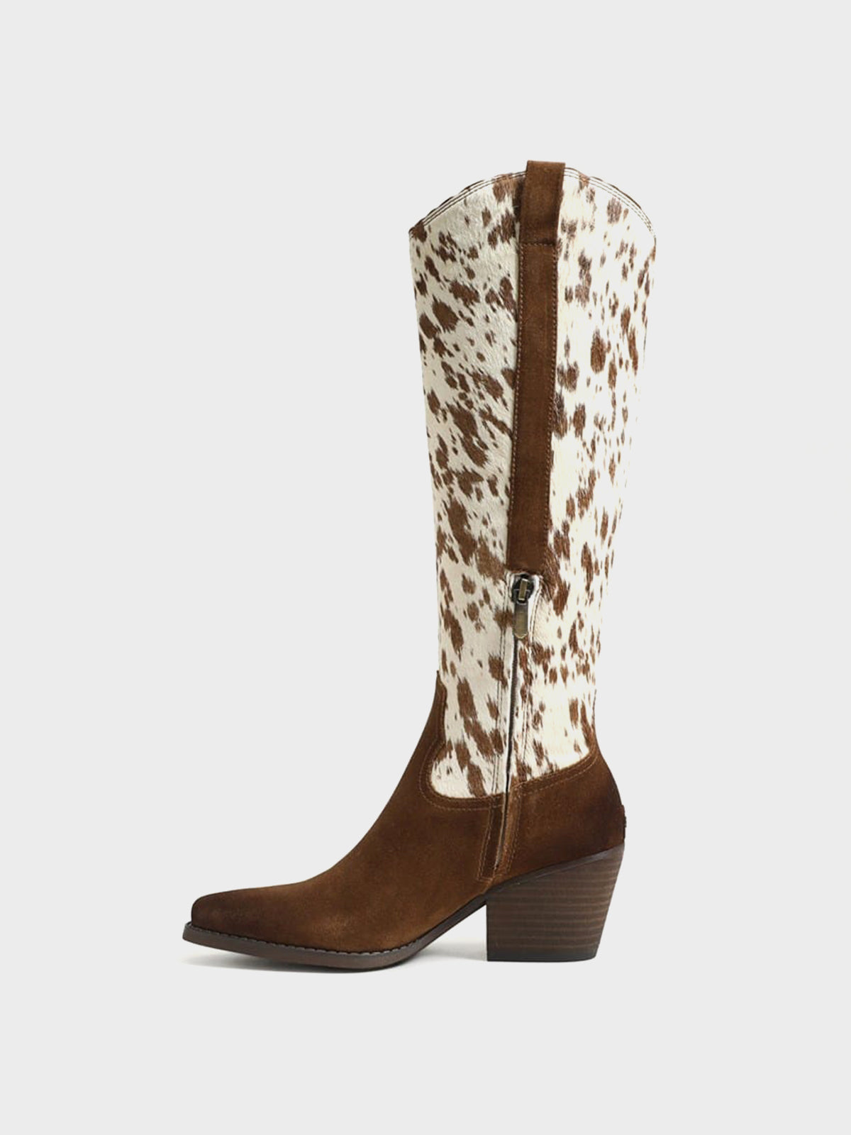 Pointed-Toe Chic Western Half-Zip Knee High Cowgirl Boots - Cow Pattern And Brown
