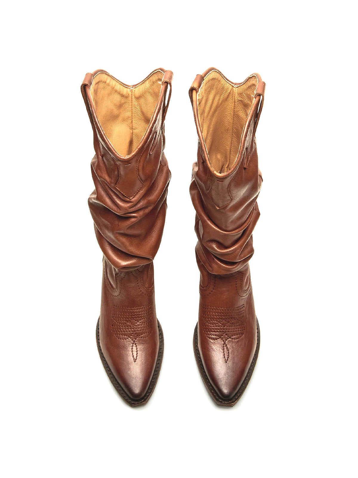 Cognac Snip-Toe Slouchy Mid Calf Cowgirl Boots