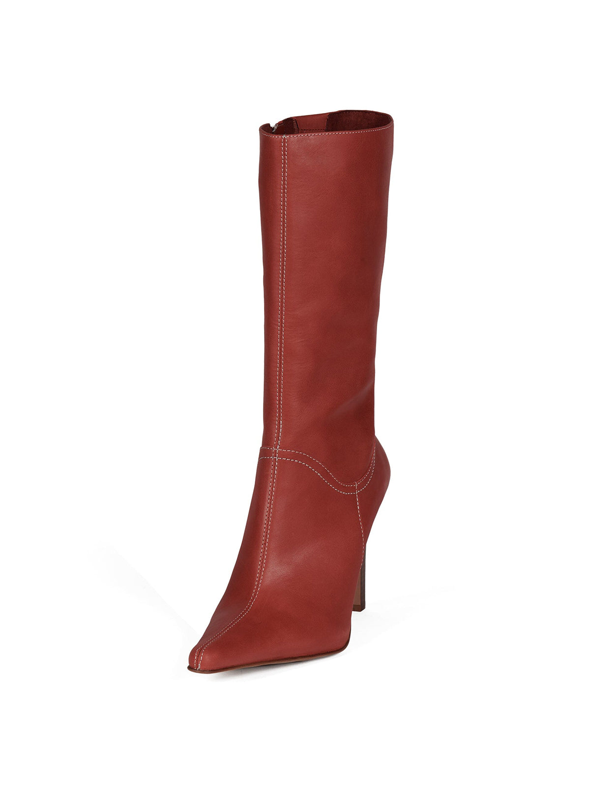 Dark Red Pointed-Toe Simple Full-Zip Stiletto Boots