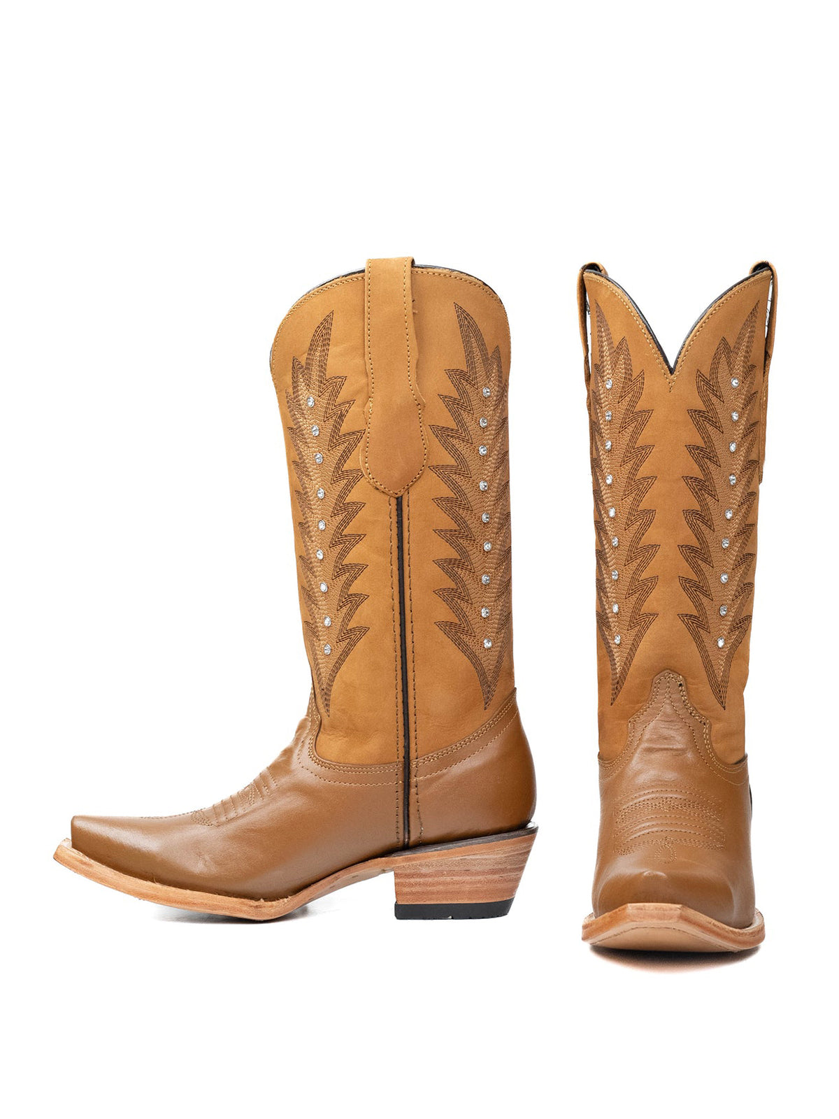 Tan Western Snip-Toe Embroidery And Studs Mid Calf Chic Cowgirl Boots