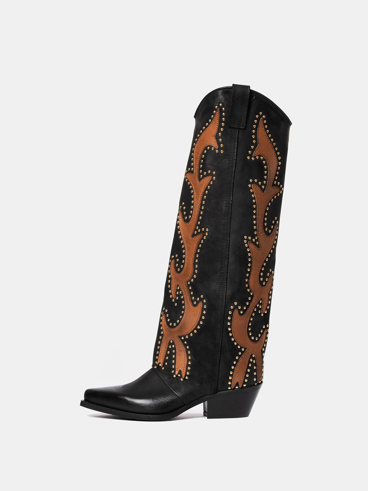 Black Snip-Toe Inlays Studs Wide Calf Knee High Cowgirl Boots