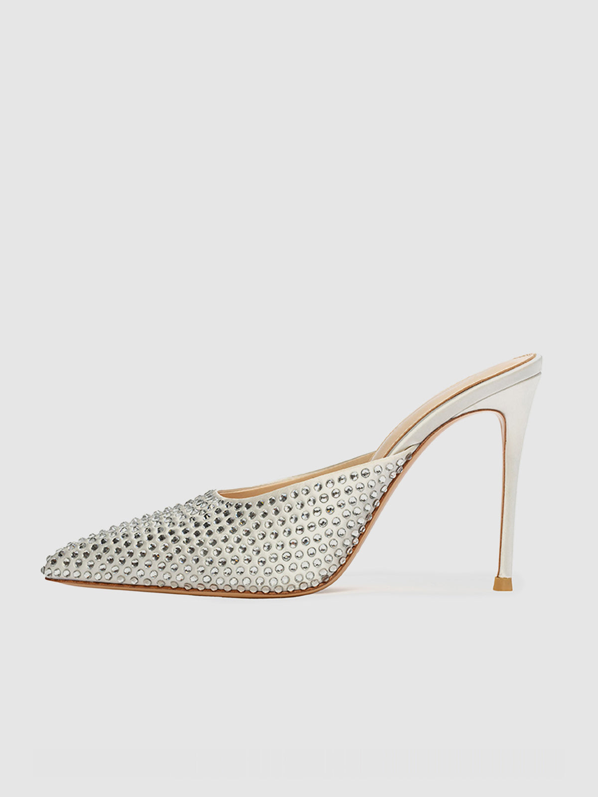 White Satin Pointed-Toe High Heels With Crystal Embellished Detail