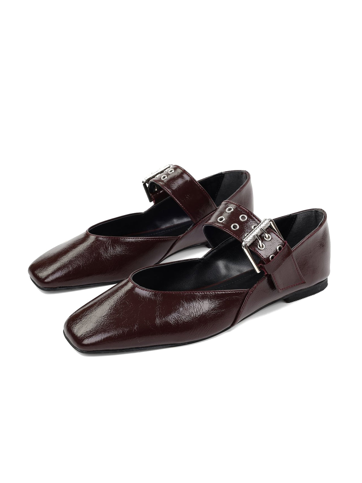 Burgundy Square-Toe Buckle Bridge Strap With Eyelets Ballet Flats