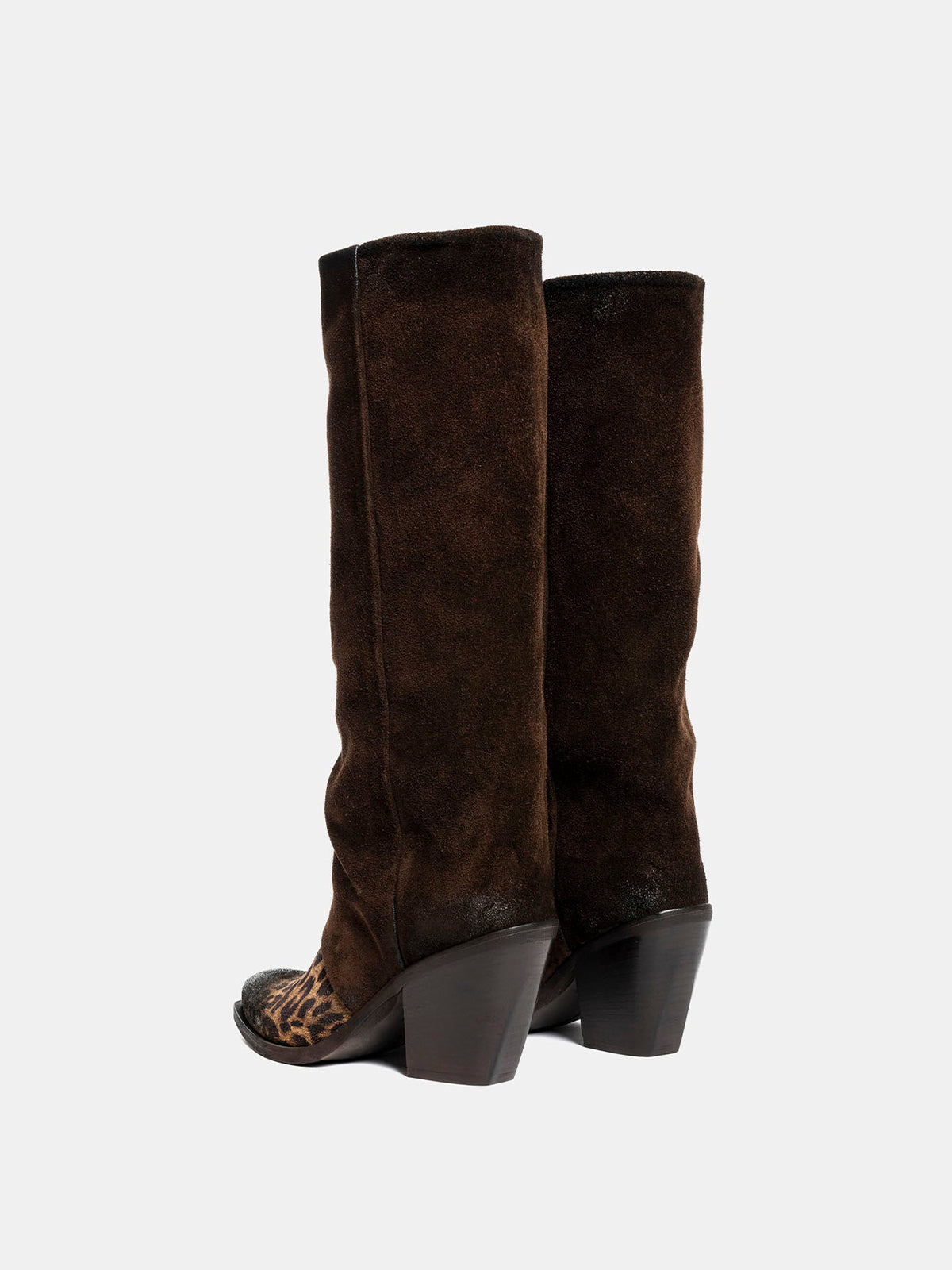 Contrast Dark Brown And Leopard Faux Suede Snip-Toe Wide Calf Knee High Cowgirl Boots