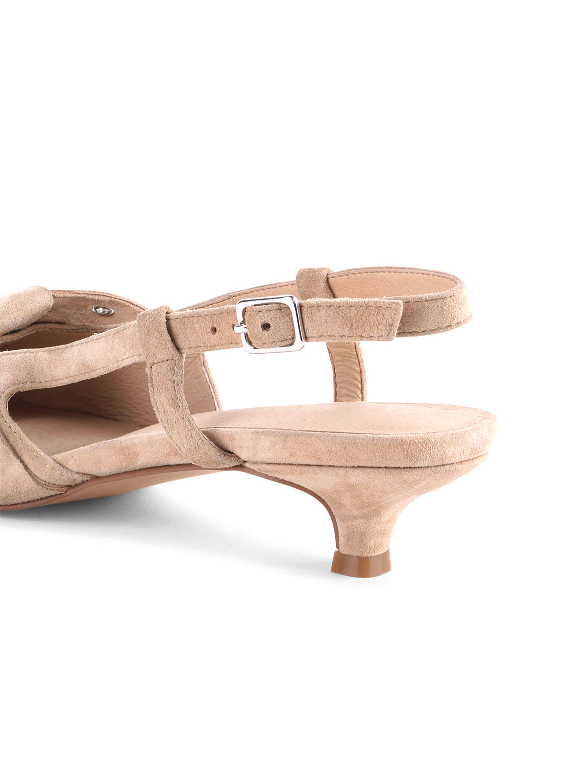 Beige Faux Suede Pointed-Toe Front Eyelets Back Strap Kitten Heels
