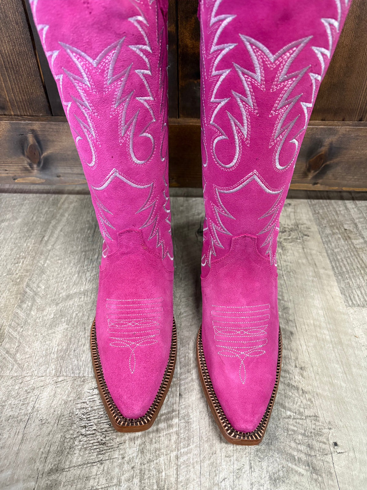 Pink Faux Suede Snip-Toe Classic Embroidery Wide Calf Knee High Cowgirl Boots