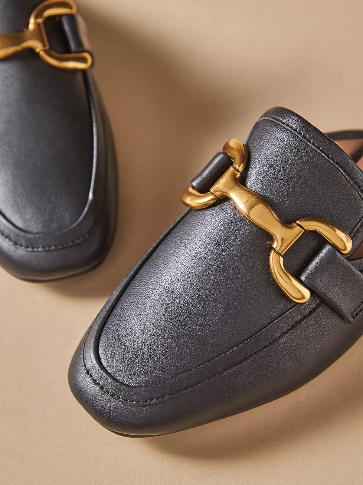 Black Square-Toe Slip-On Front Metal Detail Flats Loafers