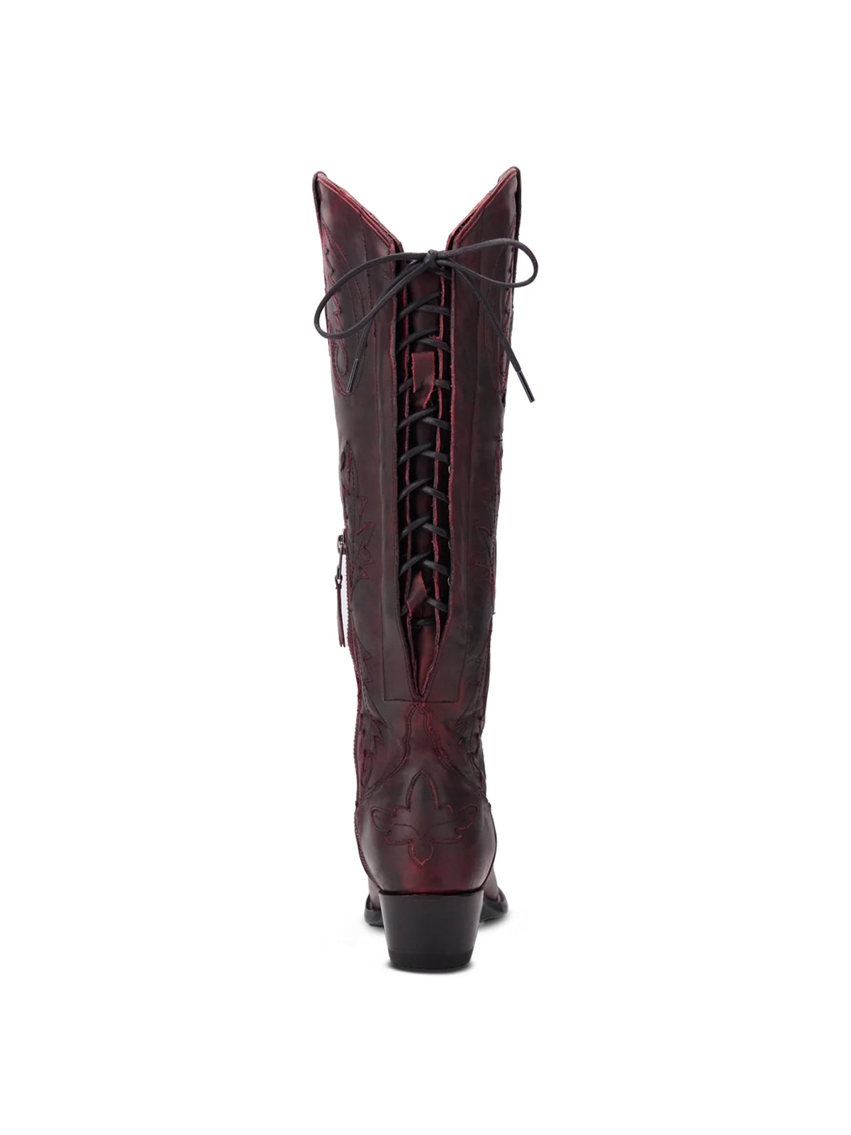 Half-Zip Snip-Toe Embroidery And Inlay Back Lace-Up Knee High Cowgirl Boots - Dark Red