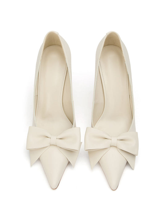 Ivory Pointed-Toe Front Oversized Bow Stylish High Heels