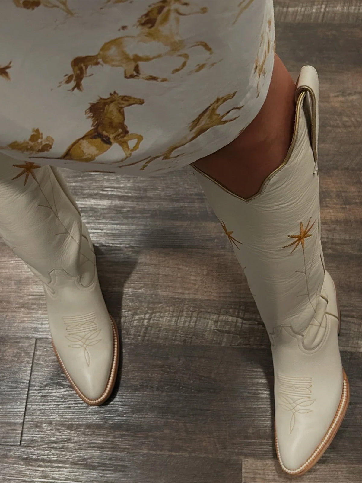Bone Almond-Toe Gold Flowers Embroidery Wide Calf Knee High Cowgirl Boots