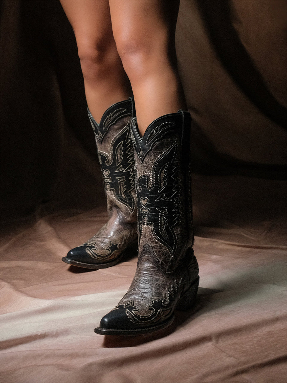 Distressed Dark Gray Snip-Toe Chic Eagle Applique Mid Calf Cowgirl Boots