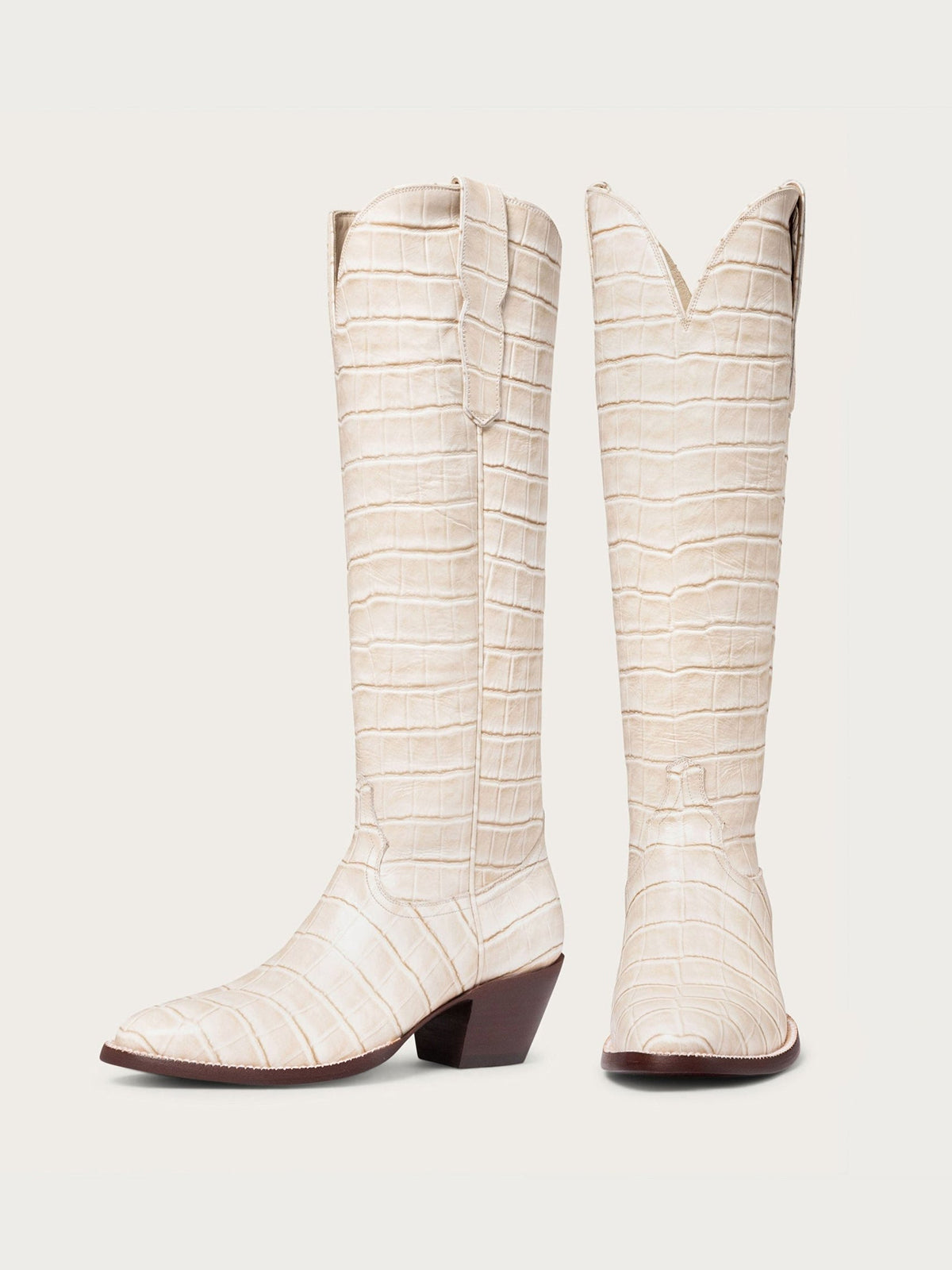 Bone Crocodile-Embossed Almond-Toe Wide Calf Tall Knee High Cowgirl Boots