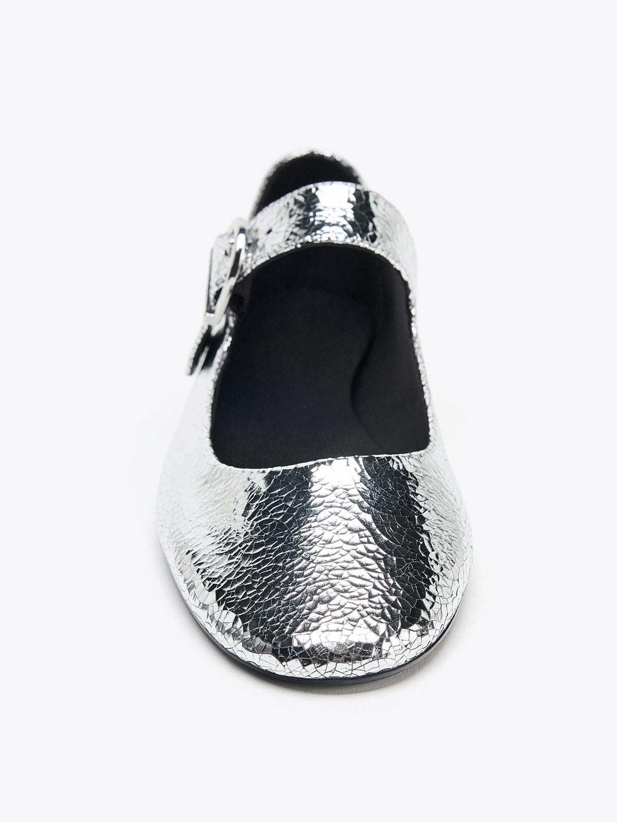 Metallic Silver Round-Toe Bridge Strap Ballet Flats