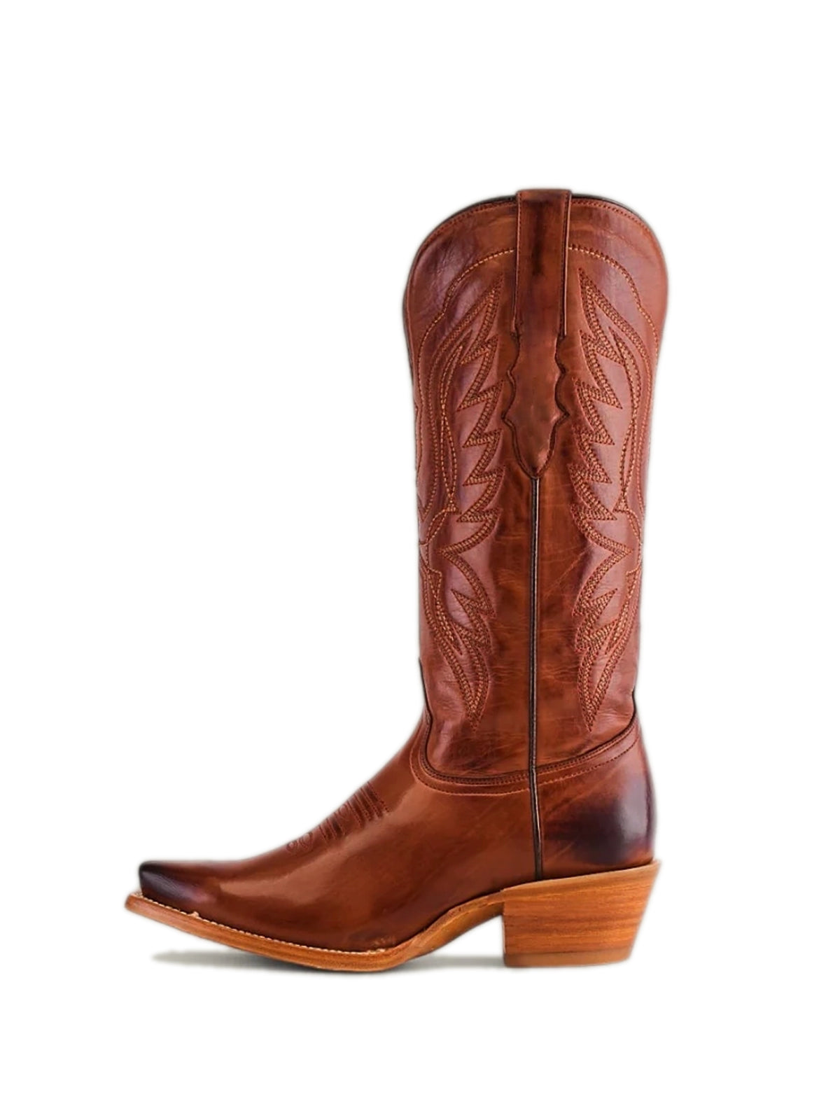 Tall Knee High Snip-Toe Embroidery Wide Calf Cowgirl Boots - Cognac