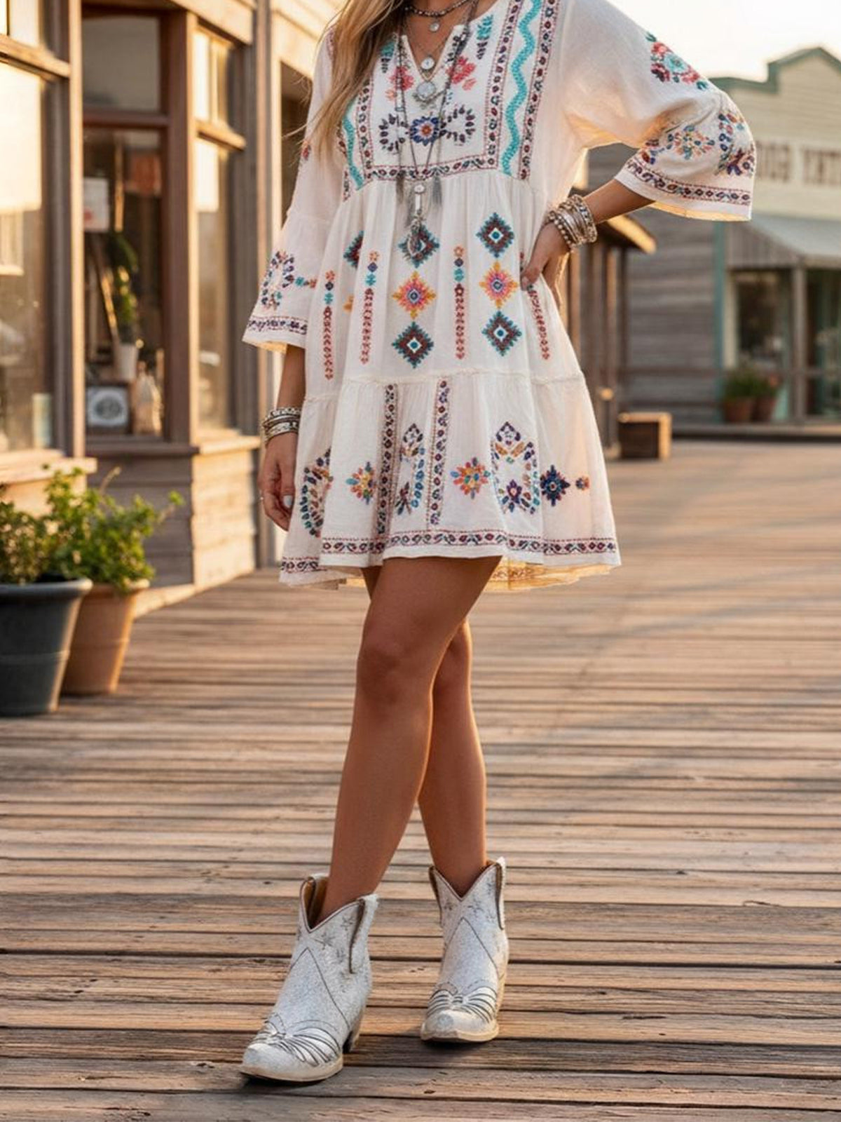 Distressed Ivory Snip-Toe Metallic Stars Inlay Full-Zip Ankle Cowgirl Boots