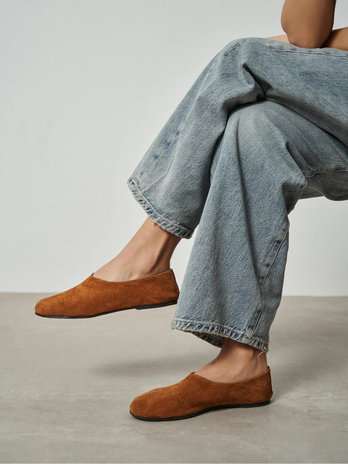 Brown Cow Suede Round-Toe Slip-On Simple Flats
