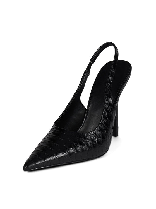 Black Snakeskin Print Pointed-Toe Slip-On Slingback Chic High Heels