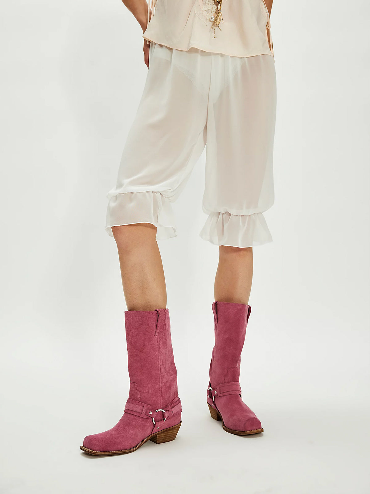 Pink Faux Suede Square-Toe Ankle Buckle Straps Mid Calf Cowgirl Boots