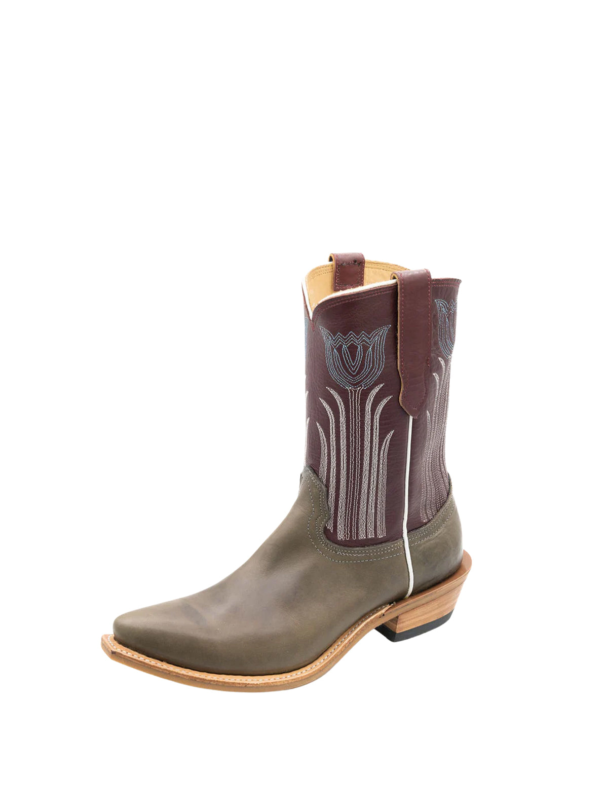 Contrast Khaki And Chocolate Snip-Toe Tulip Embroidery Ankle Cowgirl Boots