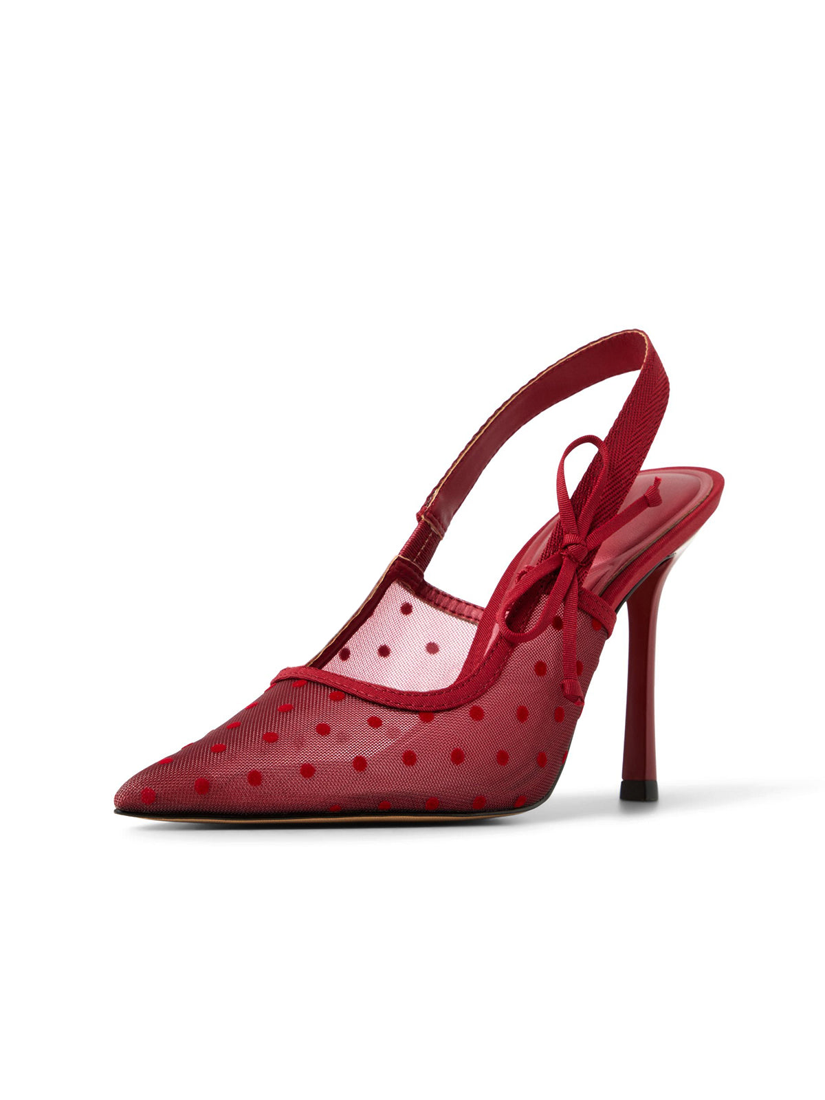 Red Mesh Pointed-Toe Satin Slingback With Bow High Heels