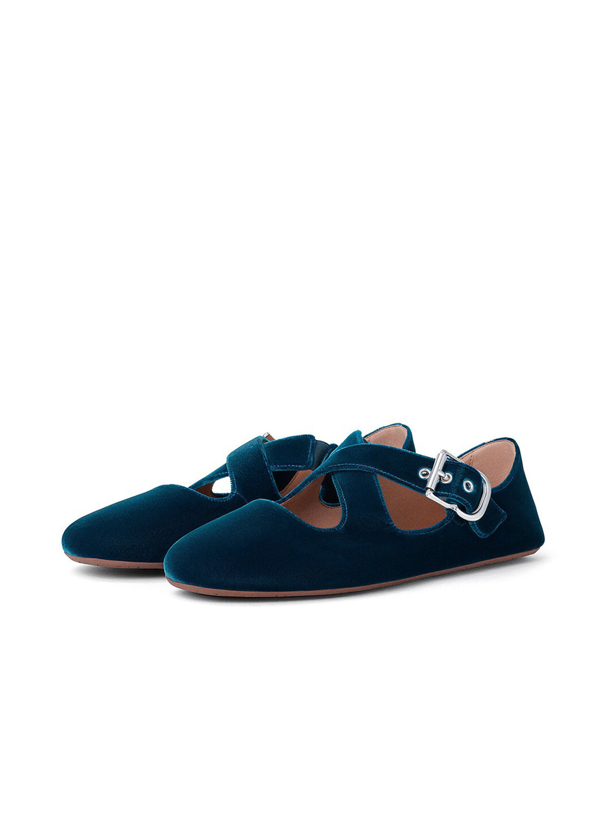 Dark Blue Velvet Round-Toe Criss Cross Strap Ballet Flats