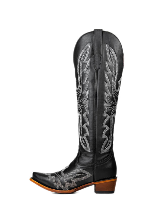 Black Snip-Toe Embroidery Knee High Tall Half-Zip Cowgirl Boots