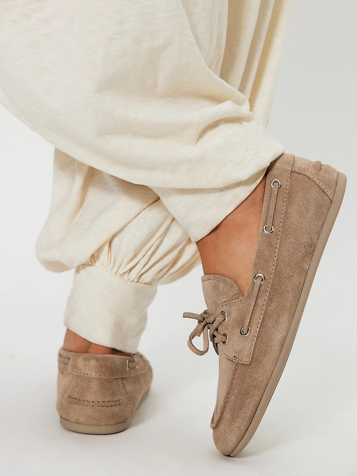 Taupe Faux Suede Round-Toe Lace-Up Boat Shoes Flats