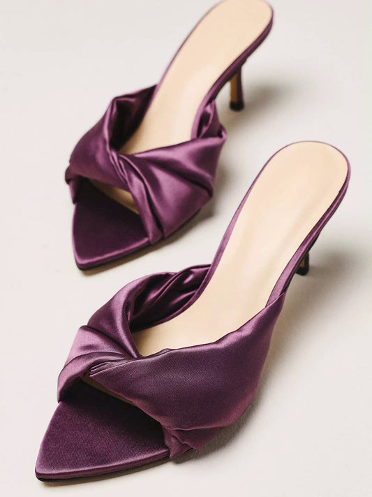Satin Open Pointed-Toe Front Strap Backless Mules High Heels - Purple