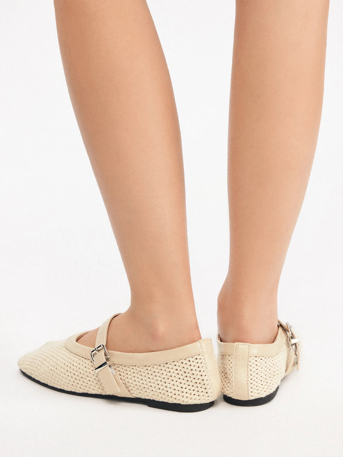 Cream Woven Square-Toe Classic Mary Jane Flats