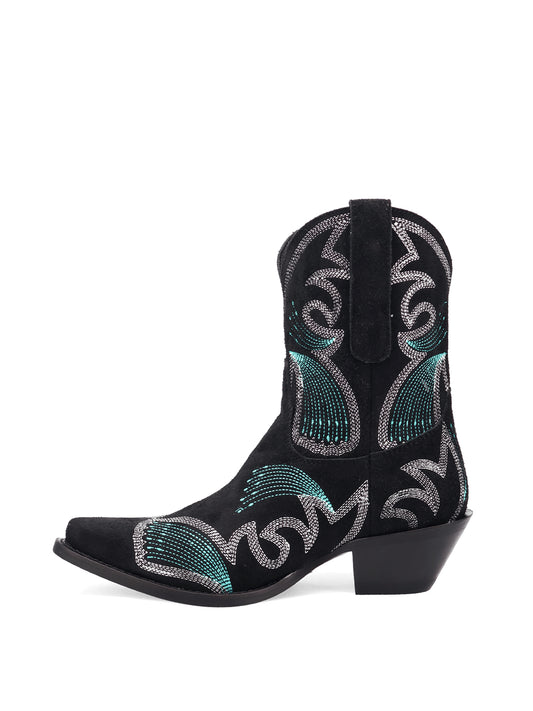 Black Faux Suede Snip-Toe Delicate Embroidery Ankle Cowgirl Boots