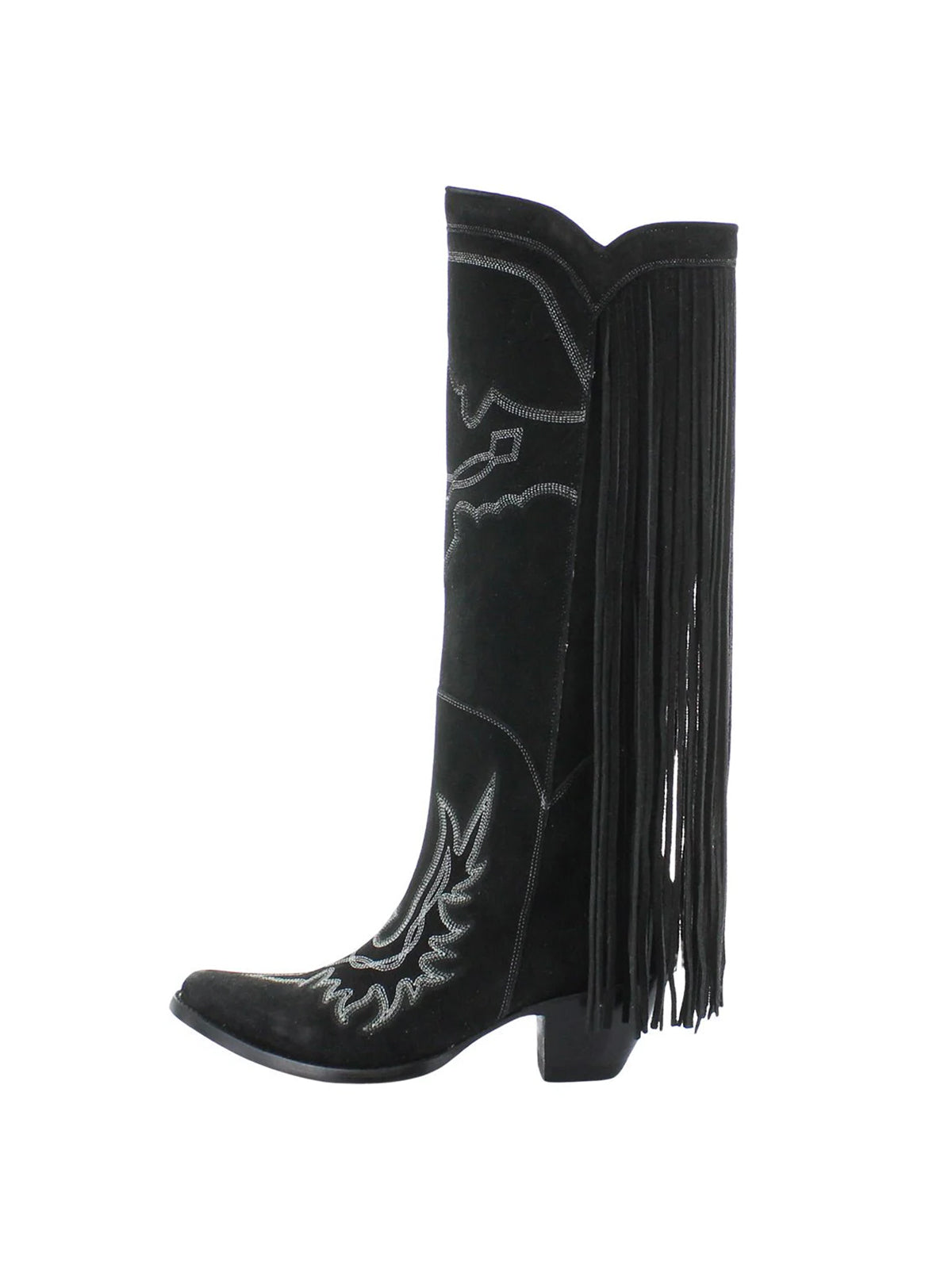 Almond-Toe Faux Suede Fringe Full-Zip Embroidery Knee High Cowgirl Boots - Black