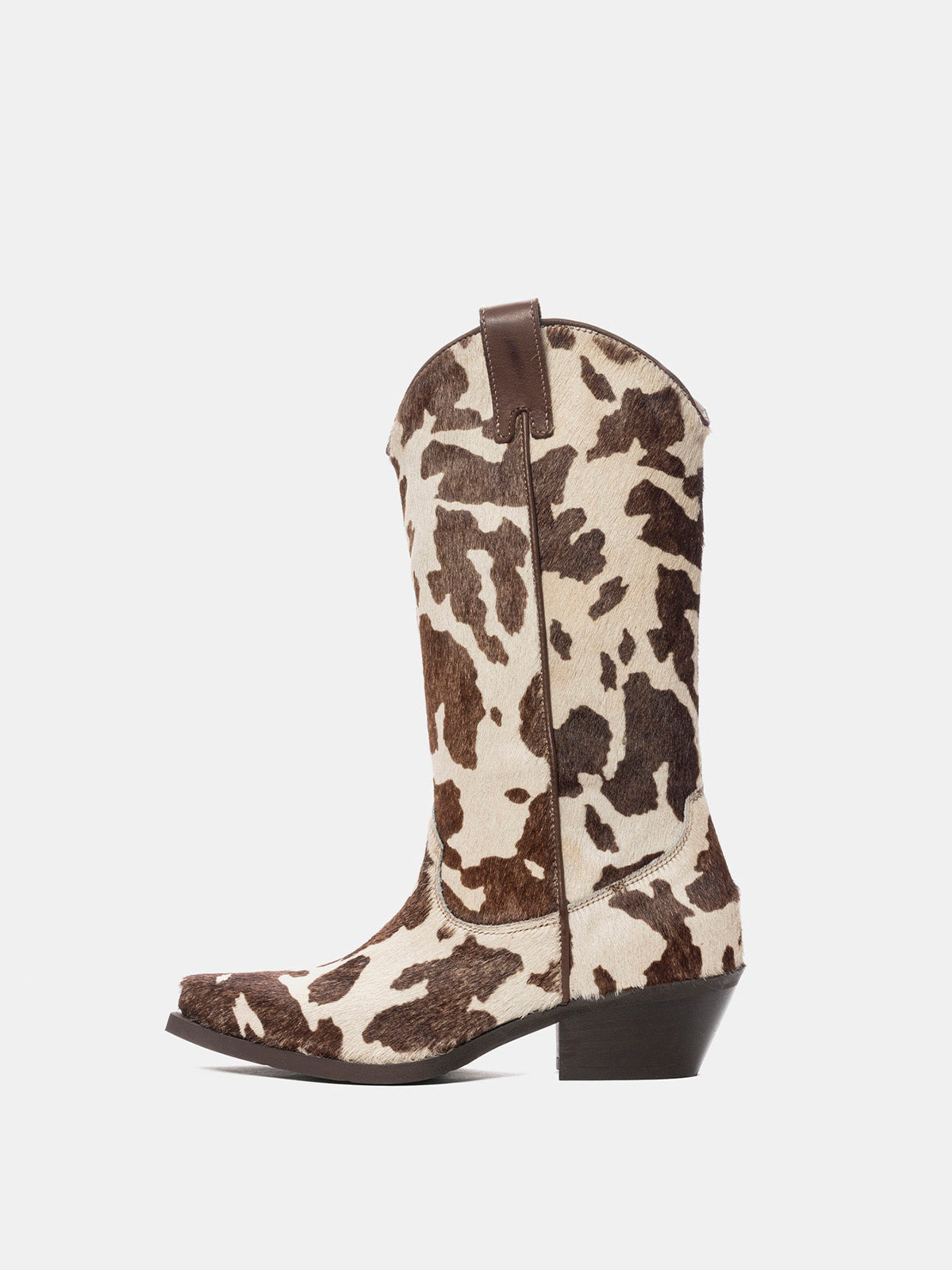 Brown Cow Print Pony Hair Snip-Toe Simple Half-Zip Mid Calf Cowgirl Boots