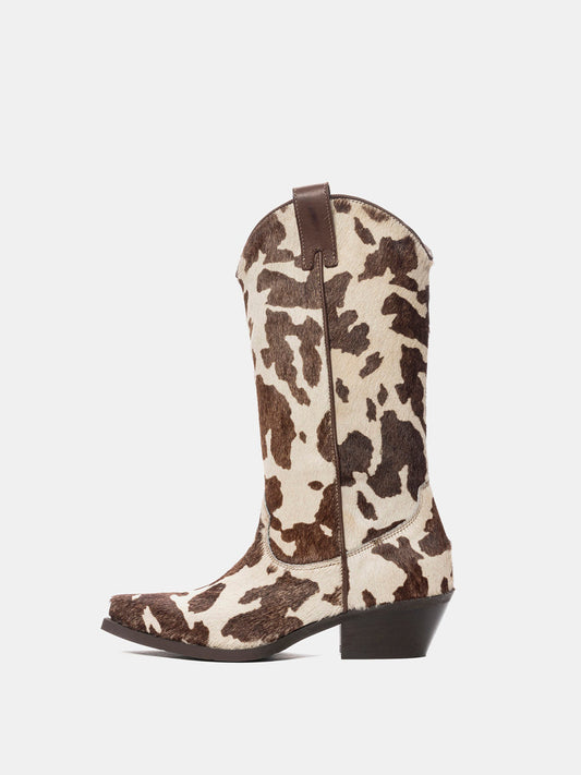 Brown Cow Print Pony Hair Snip-Toe Simple Half-Zip Mid Calf Cowgirl Boots