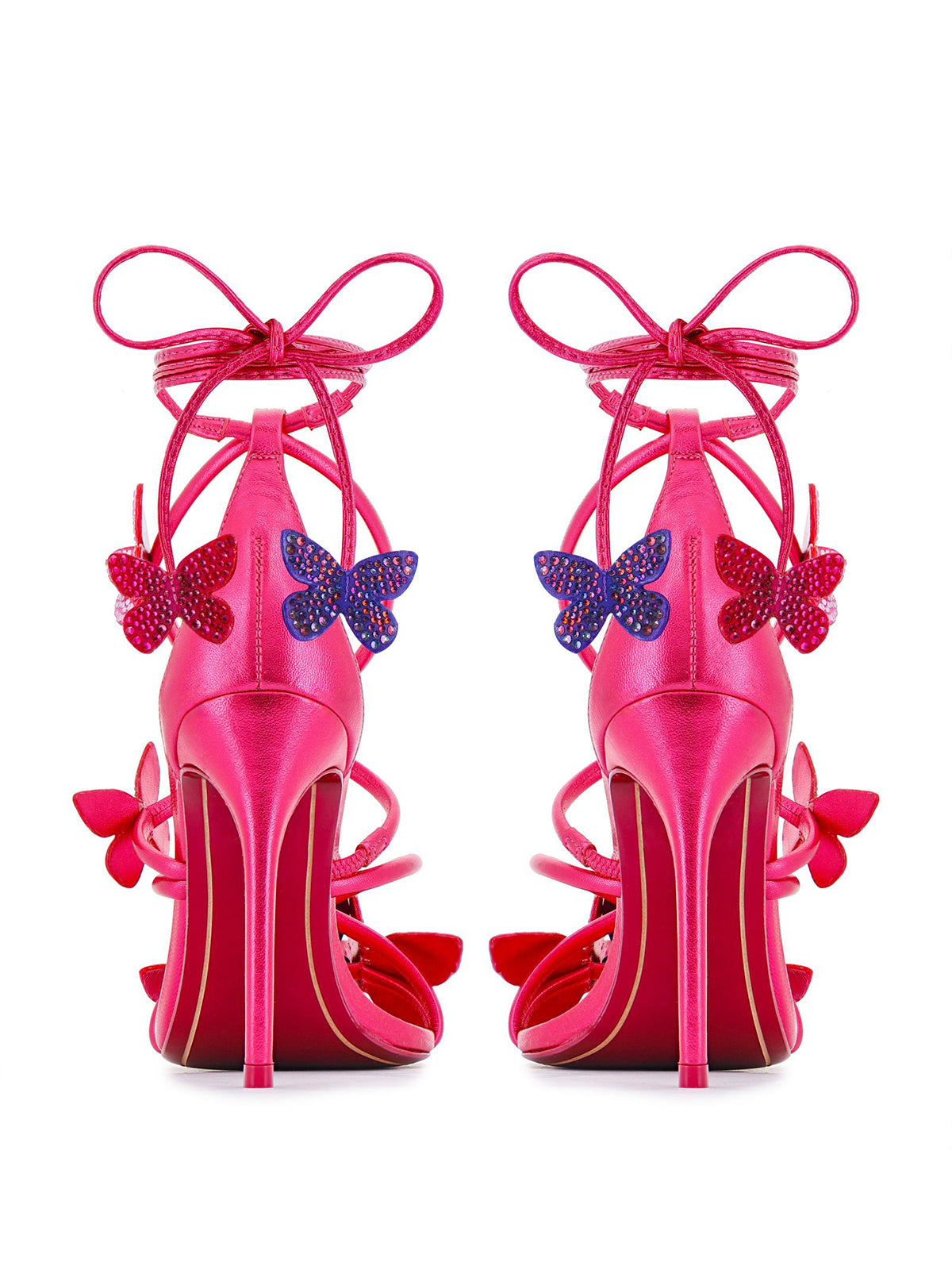 Metallic Pink Pointed-Toe Strappy With Crystal-Studded Butterflies High Heels