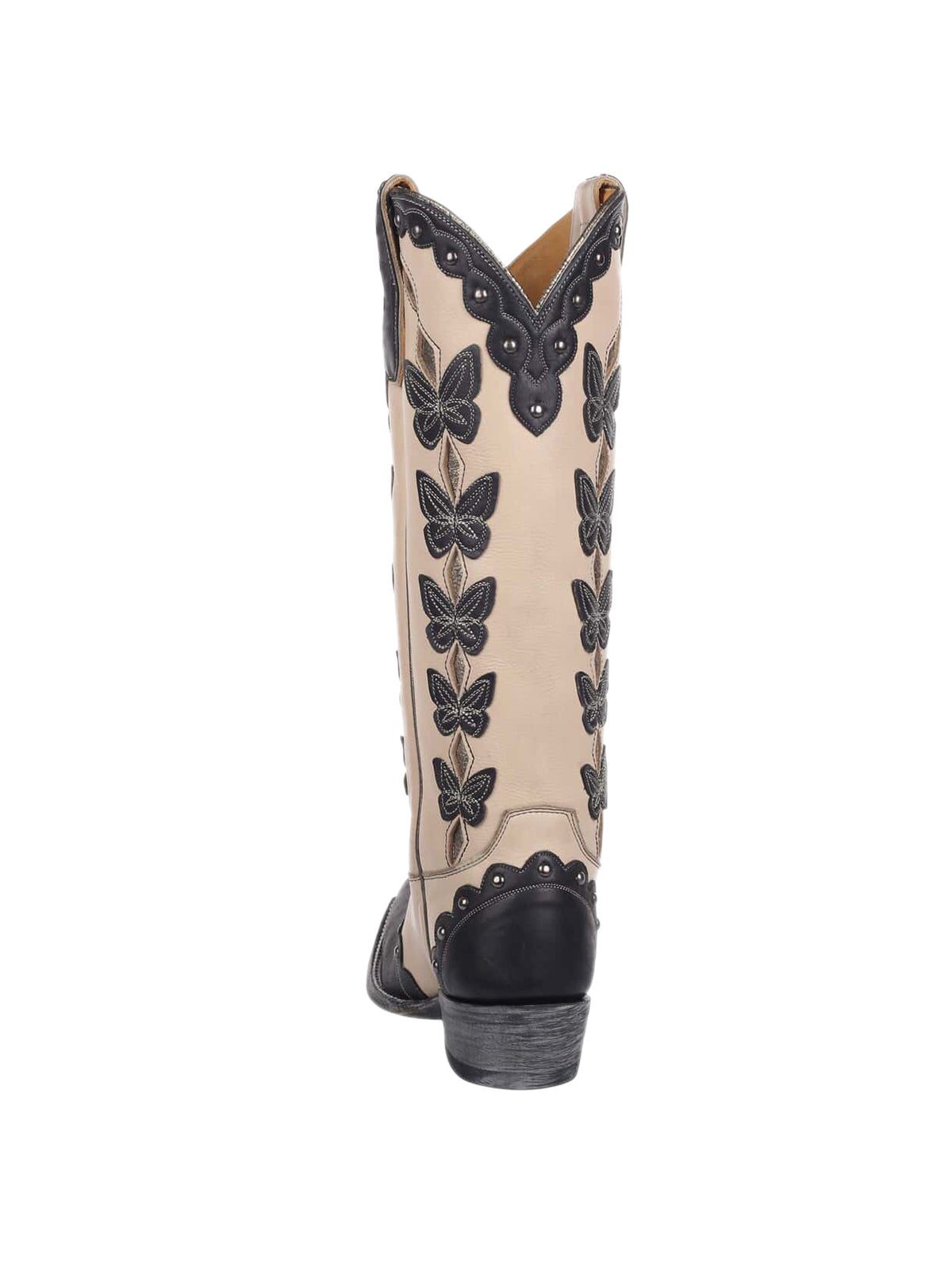 Contrast Cream And Black Snip-Toe Butterrfly Applique Wide Calf Studded Knee High Cowgirl Boots