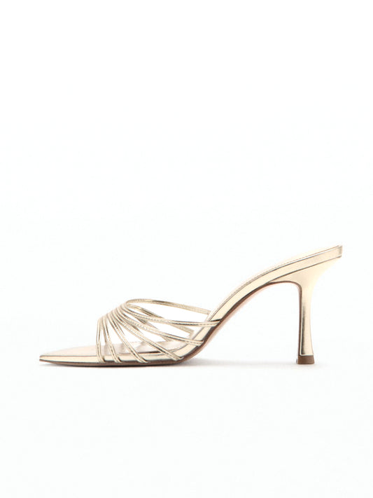 Metallic Gold Peep Pointed-Toe Strappy Backless High Heels