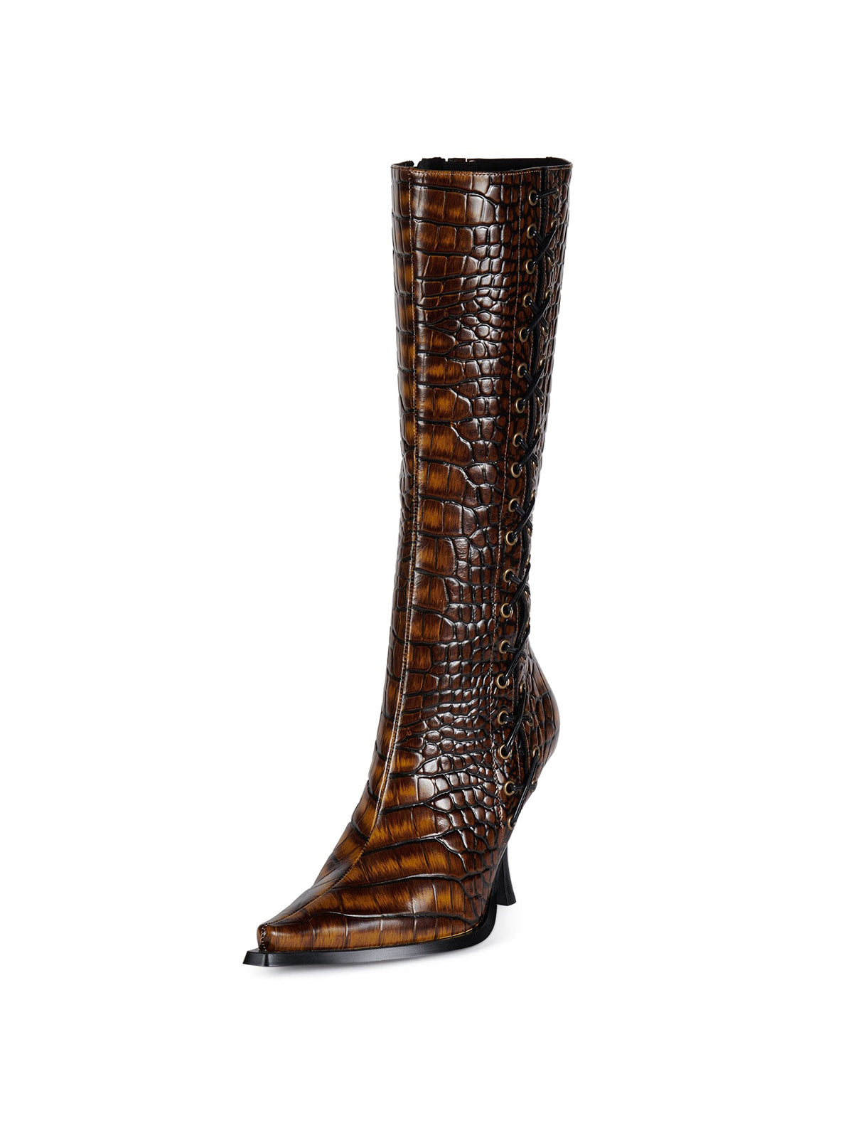 Brown Pointed-Toe Lace-Up And Full-Zip Wide Calf Knee High Stiletto Boots