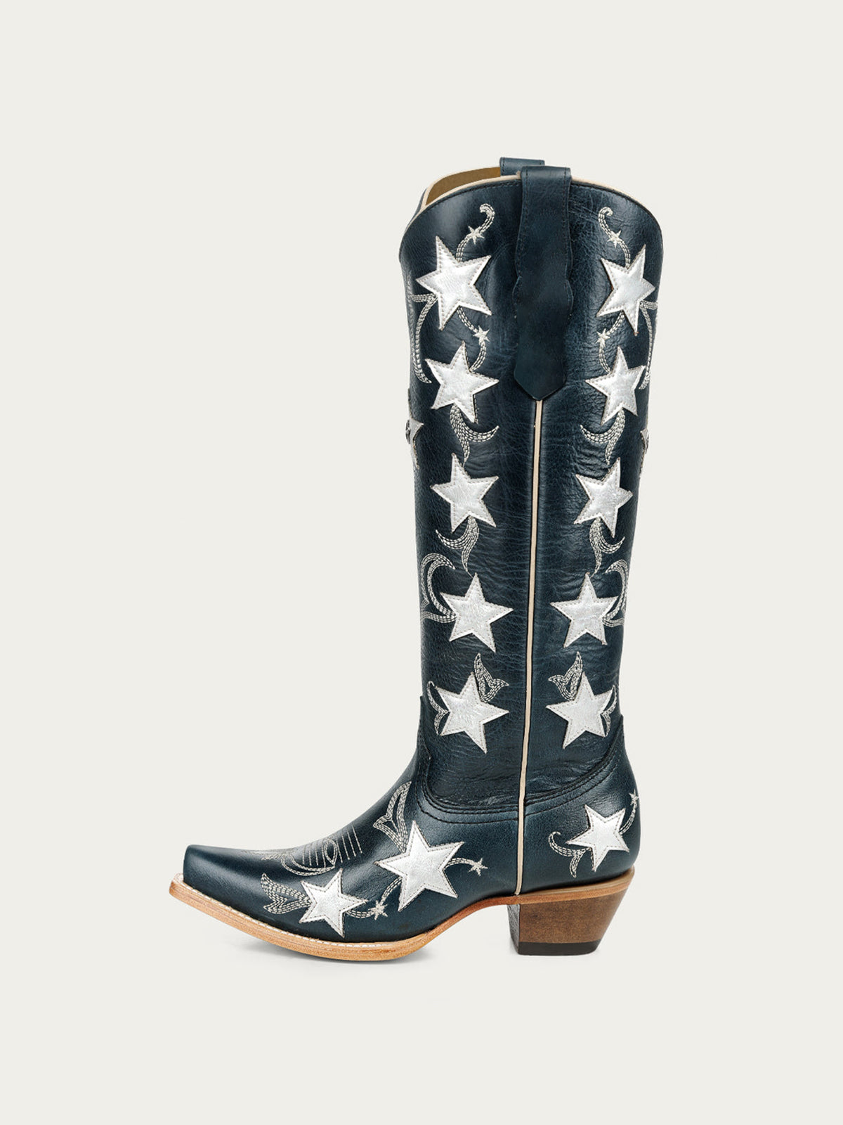 Navy Snip-Toe Chic Star Inlay With Embroidery Wide Calf Knee High Cowgirl Boots
