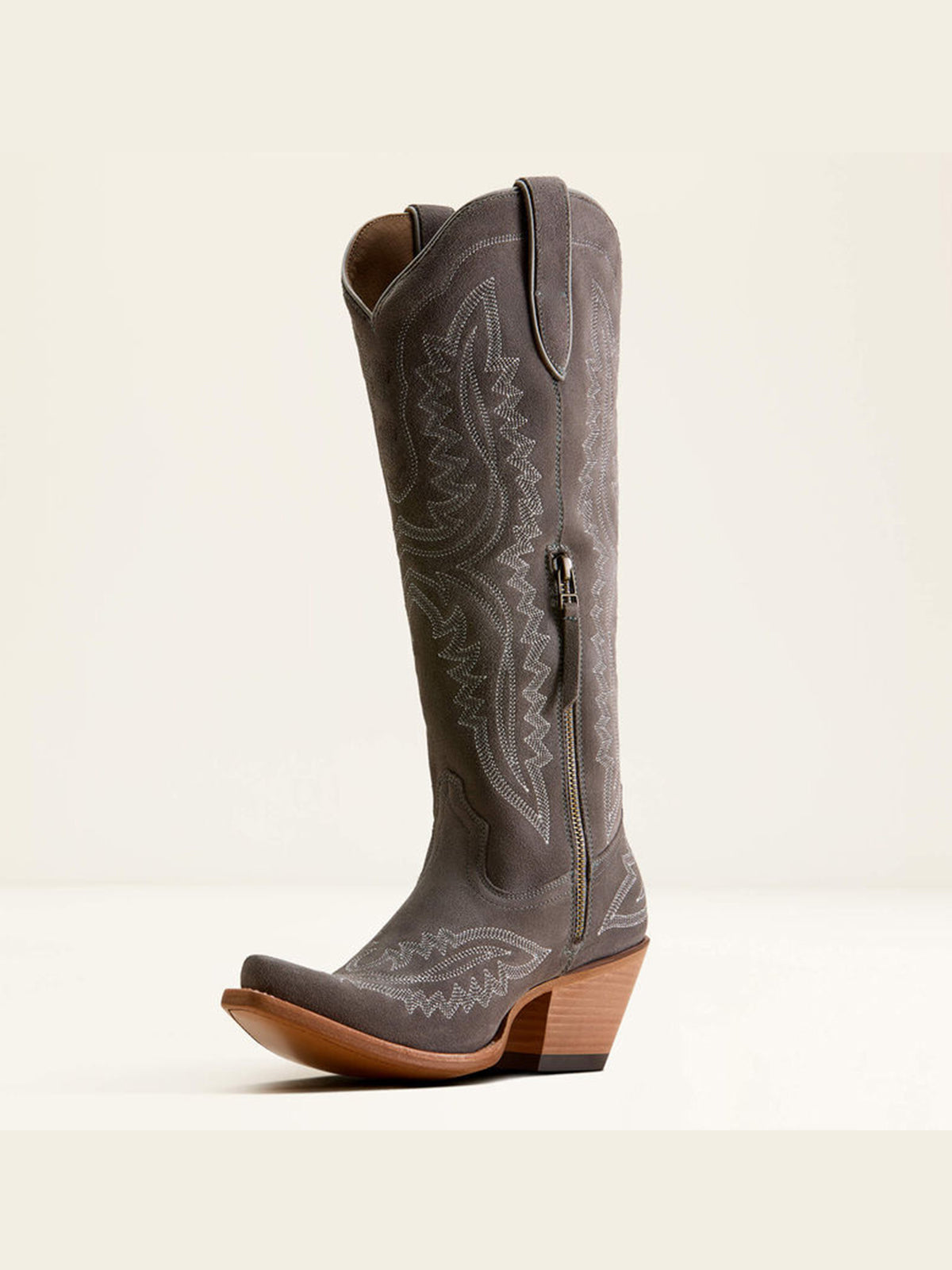 Western Embroidery Tall Snip-Toe Half-Zip Knee High Cowgirl Boots - Green Faux Suede