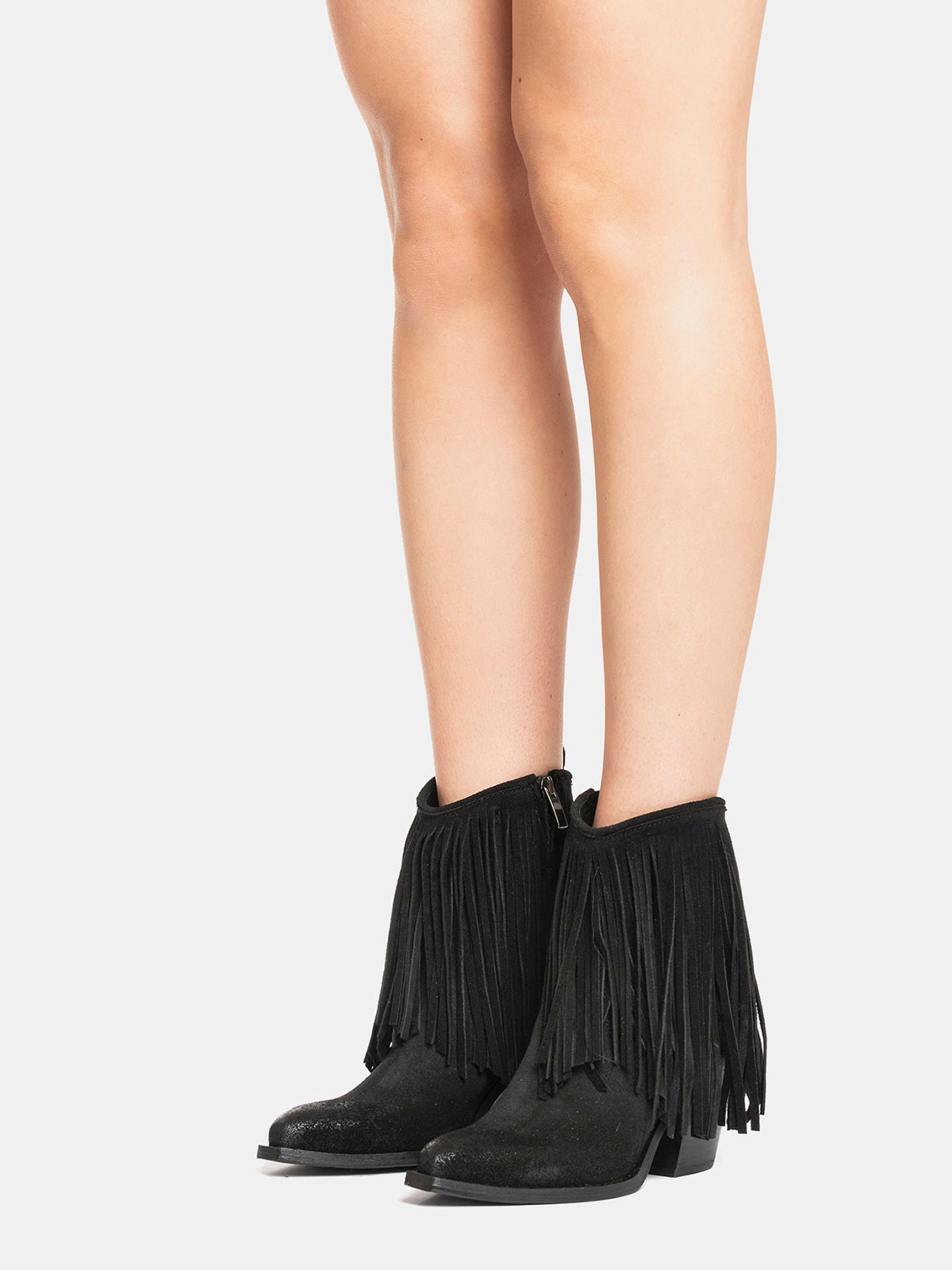 Black Faux Suede Snip-Toe Fringe Full-Zip Ankle Cowgirl Boots
