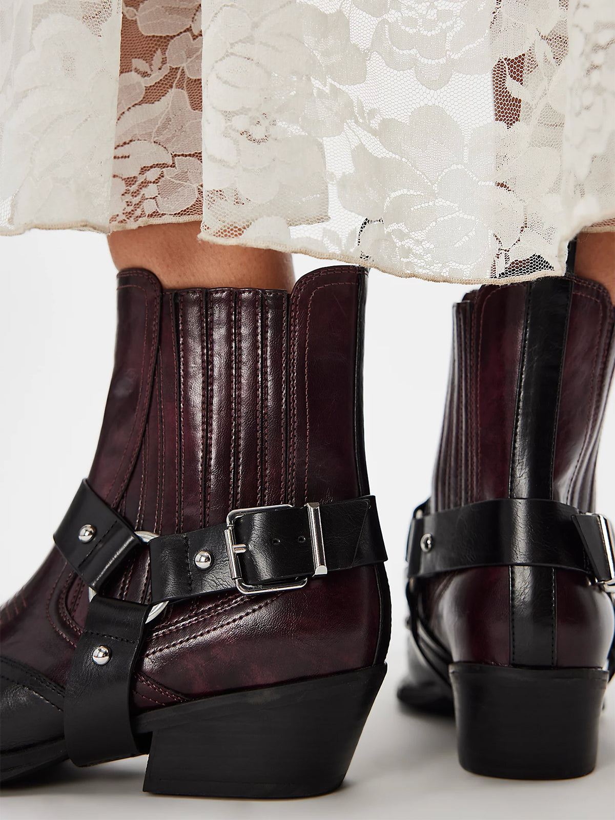 Burgundy Snip-Toe Buckle Straps Ankle Cowgirl Boots