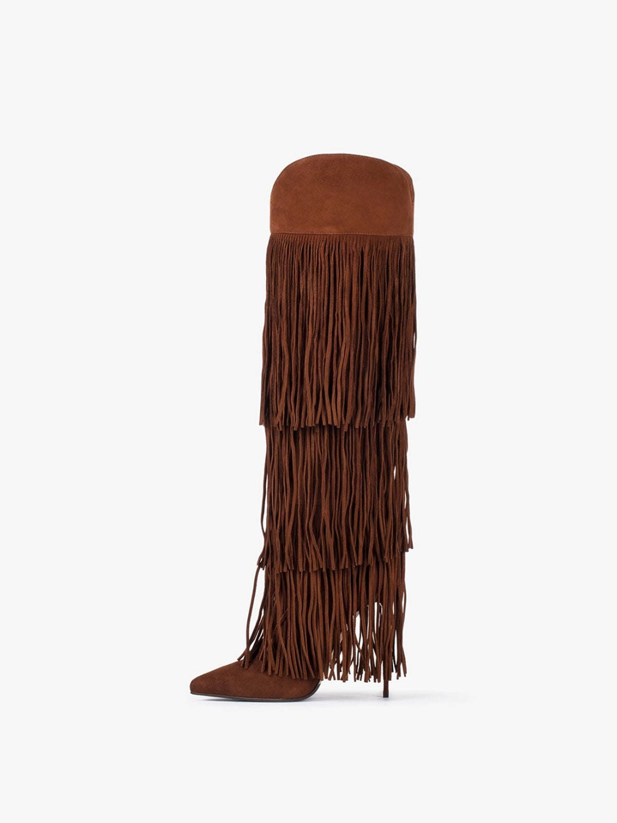 Brown Faux Suede Pointed-Toe Fringe Tall Knee High Wide Calf Stiletto Boots